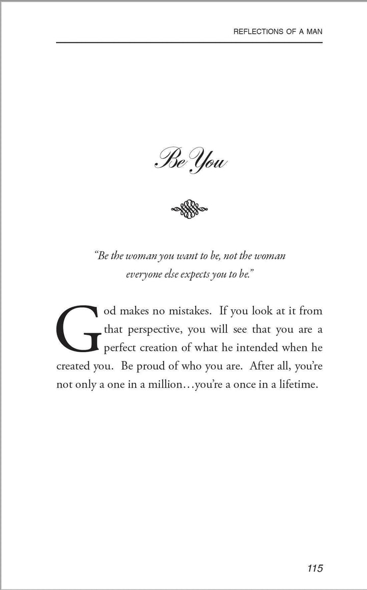 Page from 'Reflections Of A Man' by Mr. Amari Soul featuring the quote 'Be the woman you want to be. Embrace your uniqueness and discover your true worth.