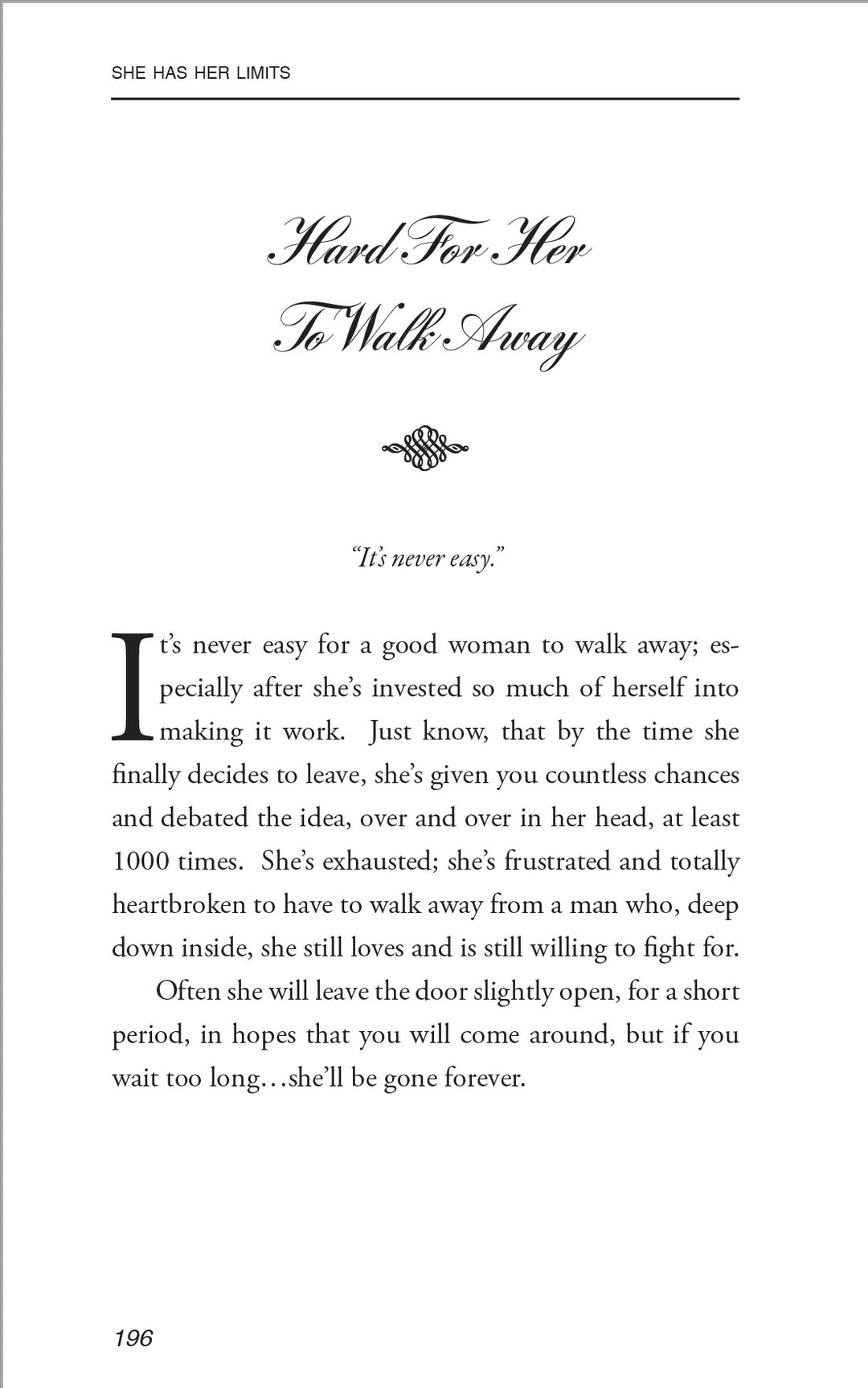 Page 196 of 'Reflections Of A Man' by Mr. Amari Soul, illustrating the emotional difficulty a good woman faces when leaving a relationship after deep investment.